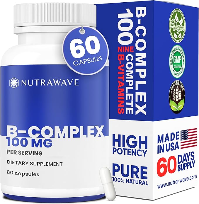 NEW Nutrawave Vitamin B Complex – Super B Vitamins for Women & Men with B1, B2, B3, B5, B6, B7, B9, B12, Choline & Inositol – Supports Energy & Nervous System – Non-GMO, Vegan – 60 Capsules