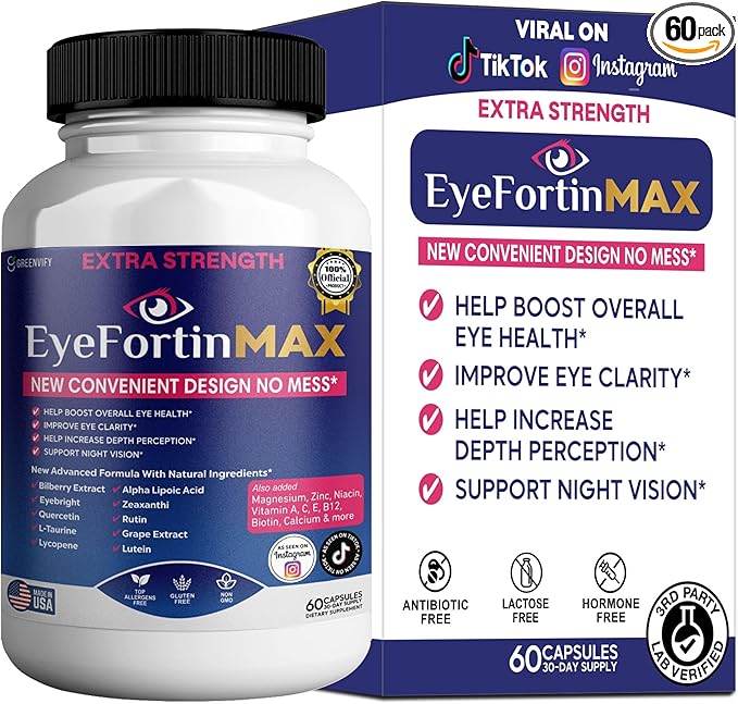 EyeFortin MAX Eye Health Supplement, 60 Capsules, Extra Strength with Lutein, Vitamins A C E B12, Bilberry Extract, 30 Day Supply (1)