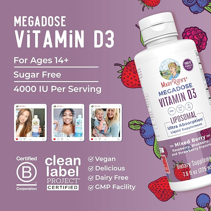 MaryRuth Organics Megadose Vitamin D3 Liposomal | Vitamin D 4000 IU | Ultra Absorption | Immune Support for Adults | Bone Health | VIT D3 | Vegan | Sugar Free | Gluten Free | Non-GMO | 45 Servings