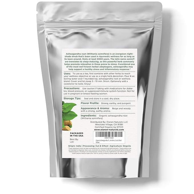 Elanen Naturals Organic Ashwagandha Root 4 oz. (113g), USDA Certified Organic Ashwagandha Root Loose Leaf Tea, Dried Withania somnifera, Cut & Sifted