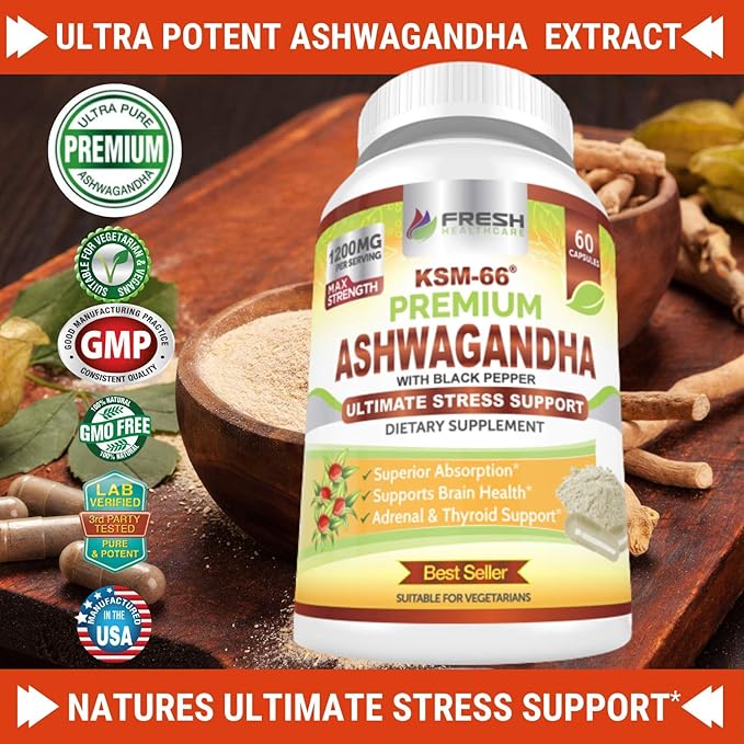 FRESH HEALTHCARE Ashwagandha Capsules KSM-66 1200mg Pure Root Extract with Black Pepper for High Absorption - Potent Ashwagandha Supplement - 60 Vegan Capsules