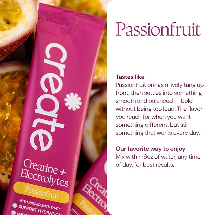 Create Creatine + Electrolytes Mix - Creatine Monohydrate Stick Packs, Supports Energy and Hydration, NSF Certified for Sport, 30 Count, Passion Fruit