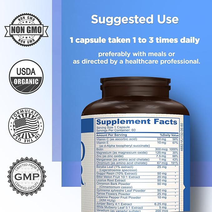 Blood Sugar Health Natural 20 Herbs and Vitamins with Cinnamon, Alpha Lipoic Acid to Support Health, Non-GMO, for Men Women, Supports Healthy Energy Levels - 60 Herbal Pills - 30 Day Supply