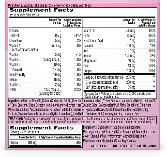 One A Day Prenatal Advanced- Prenatal Vitamins with Folic Acid, Choline, DHA & Iron, Pregnancy Vitamins for Women to Support Baby’s Development, 30+30 Ct (60 Total Set) (Packaging May Vary)