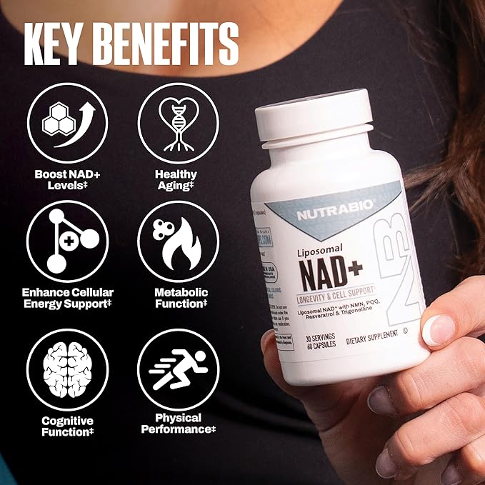 NutraBio Liposomal NAD+ Supplement with Resveratrol, NMN & PQQ for Longevity and Cell Support for Men and Women, Long-Term Vitality, 60 Capsules
