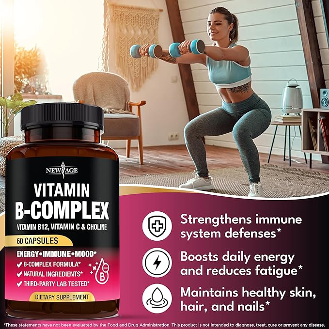 Vitamin B Complex for Men & Women - Made in USA - B-Complex: B1, B2, B3, B5, B6, B7, B8, B9, B12 with Vitamin C, Choline, Inositol - Energy, Brain & Heart Support Supplement - 60 Vegan Capsules