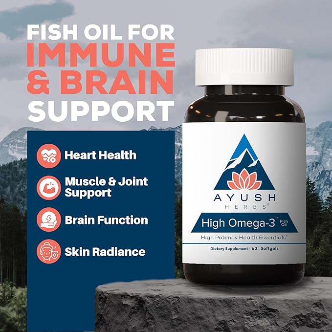 Ayush Herbs High Omega 3 - Omega 3 Fish Oil, 1000mg Per Capsule, EPA & DHA Fish Oil Supplement for Women & Men, Natural Lemon Flavor - 60 Softgel Capsules (1 Count)