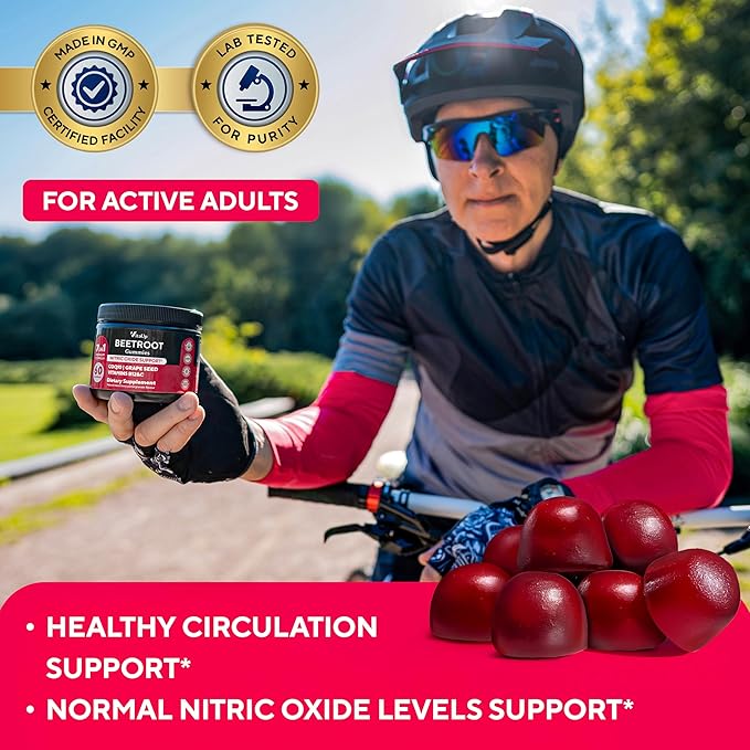 Beet Root Gummies – Beetroot Supplement with CoQ10, Grape Seed, Vitamin C, B12 & B3 – Nitric Oxide Gummies for Circulation Support – Beet Supplement for Energy & Immune Support – 60 Beets Chews