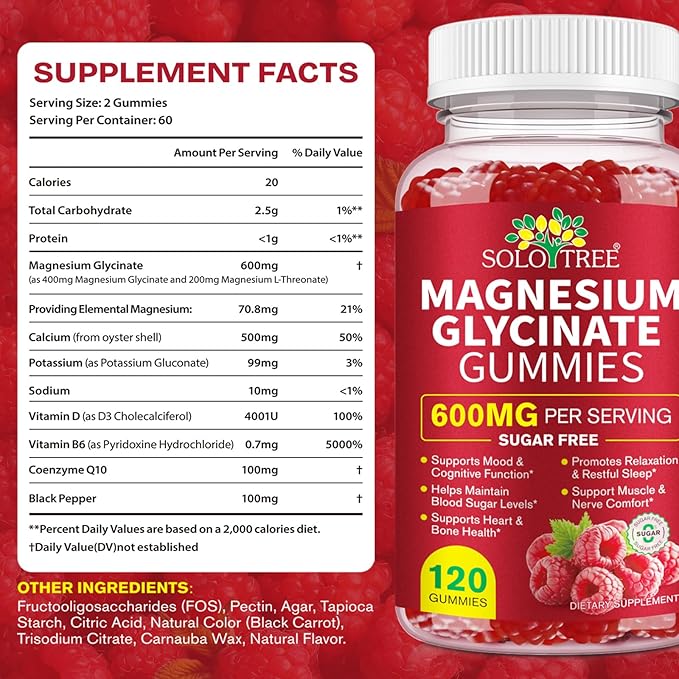120 Count Magnesium Glycinate Gummies with L-Threonate（600mg Per Serving）,High Absorption Sugar Free Magnesium Potassium Supplement for Relaxation, Stress Relief, and Sleep Support for Adults & Kids