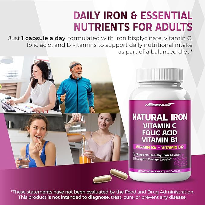Organic Iron High Potency with Vitamin C, Folic Acid - High-Absorption Formula Vitamin B1, Vitamin B6, Vitamin B12 - Support Blood Building - 150 Count