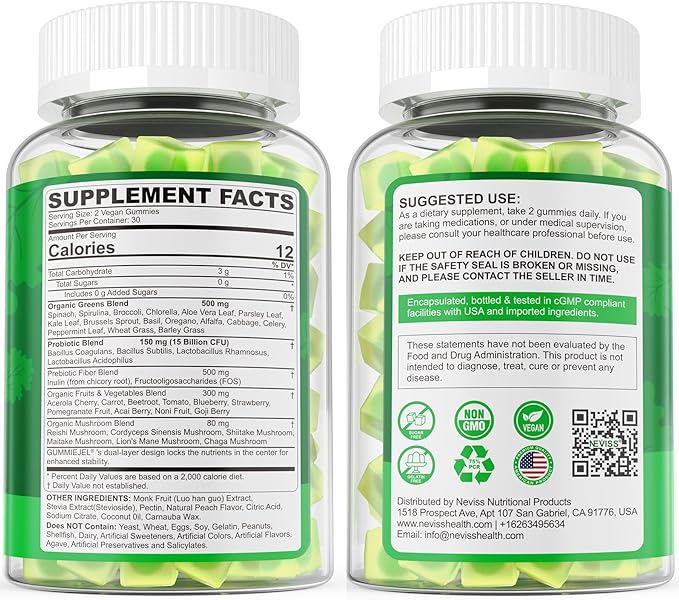 2 PACK Organic Super Greens Daily Superfood Gummies + Probiotics, Spirulina, Chlorella Spinach Broccoli, Prebiotic Fiber, Mushroom -Rich in Vitamins & Antioxidants - Digestive, Focus, Energy, No Sugar