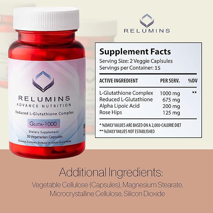 Relumins L-Glutathione & Vitamin C Supplement Bundle – 1000mg Reduced Glutathione Complex with Alpha Lipoic Acid & Rose HIPS (30 Capsules) + MAX Vitamin C 1000mg (60 Capsules)