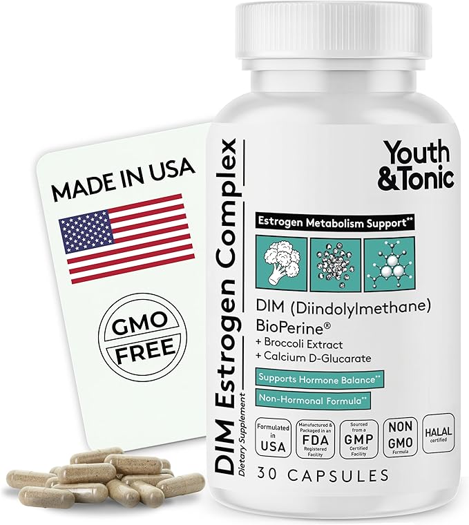 Youth & Tonic DIM Estrogen Complex – Estrogen Metabolism Support, Non-Hormonal Plant-Derived Formula with Broccoli Extract, Calcium D-Glucarate & BioPerine®, 30 Capsules