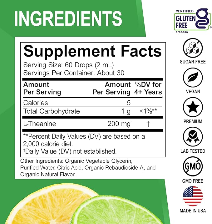 L Theanine 200mg Liquid Drops - Natural Sleep Support & Focus Supplement for Kids & Adults - Vegan, Non-GMO, Gluten Free 200mg Pure L-Theanine Drops Liquid Supplements, Mood Ltheanine for Kids 2 FL Oz