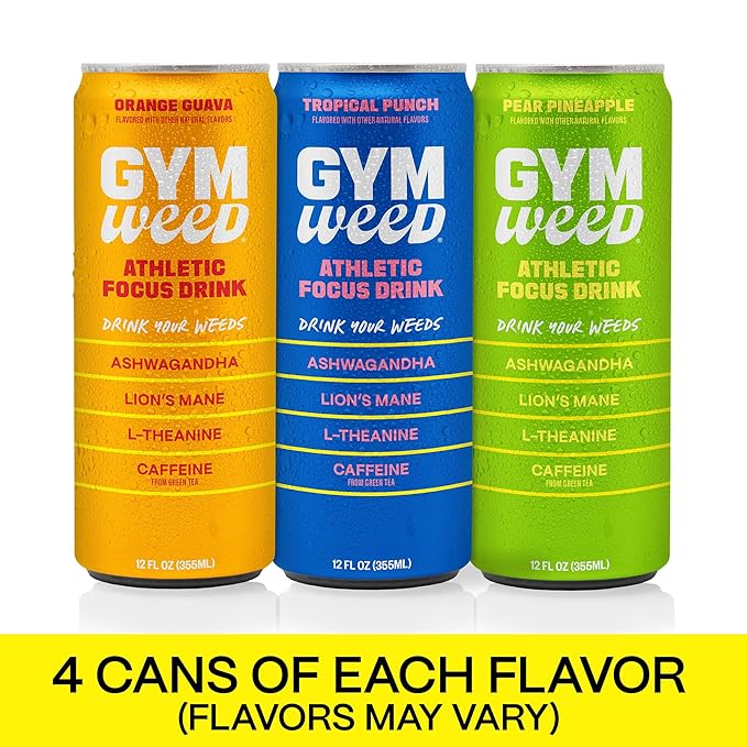 GYM WEED Athletic Focus Drink with KSM-66 Ashwagandha, Lion's Mane Mushroom, L-Theanine, 200mg Green Tea Caffeine with Natural Sweeteners Variety Pack of flavors, 12 Pack