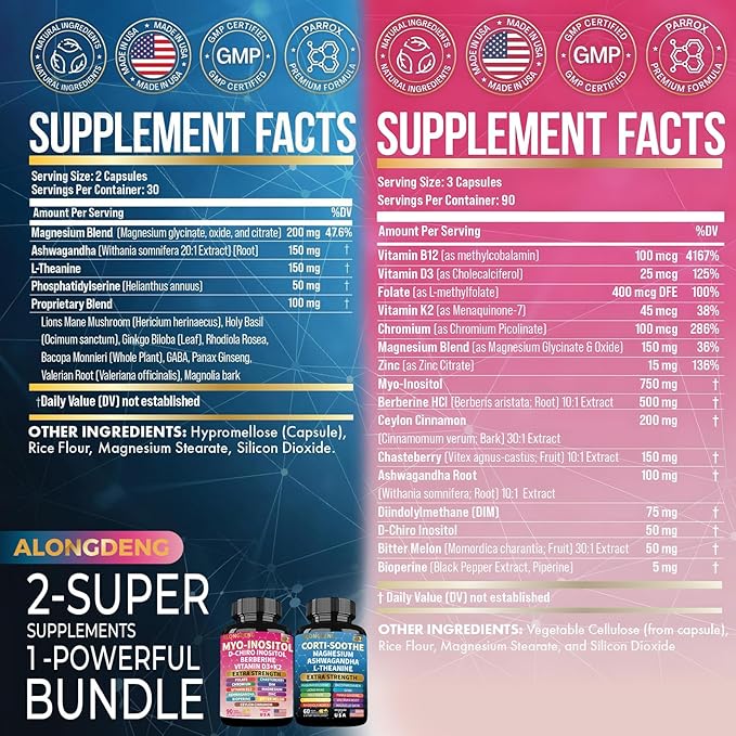 ALongDeng Soothe-Smooth Bundle,Soothe & Smooth Bundle Multivitamin Combo, Cortisol Support Myo-Inositol Multivitamin Combo with Magnesium Glycinate, Ashwagandha, L-Theanine & Herbal Blend - D