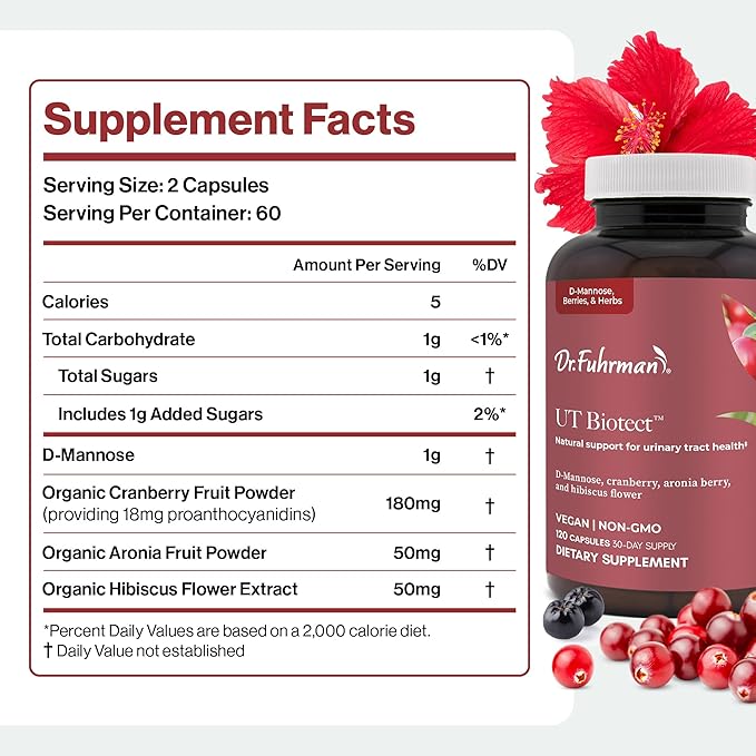 Dr. Fuhrman. Ut Biotect Urinary Tract Supplement | Wholefood Cranberry Pills for Women Made in The USA | D-Mannose, Aronia Berry, and Cranberry | Cleanses and Protects The Urinary Tract | 120 Caps