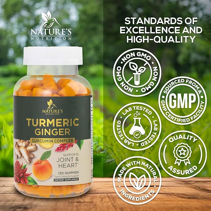 Turmeric Curcumin Supplement Gummies - 95% Curcuminoids with Turmeric & Ginger, Black Pepper for Best Absorption, Nature's Vegan Joint Support, Non-GMO, Gluten Free, Tasty Peach Flavor - 120 Gummies