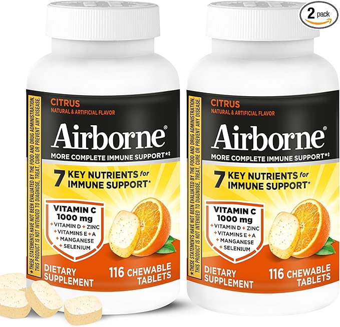 Airborne 1000mg Vitamin C + Zinc Immune Support Supplement Chewable Tablets, Citrus Flavor with Powerful Antioxidants Vitamins A C & E, 116 Chewable Tablets (2 Pack)