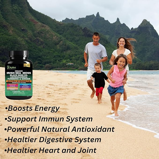 Organic Irish Sea Moss Capsules 120 Count –16 in 1 Sea Moss Supplement with Black Seed Oil, Ashwagandha, Turmeric & Ginger, Bladderwrack & Burdock Root, Vitamin D3 –Organic, Vegan, Halal, Non-GMO