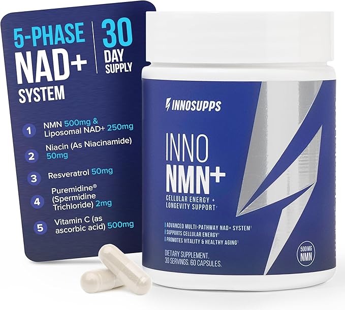 InnoSupps Inno NMN+ Supplement 500mg NAD Booster for Brain Function, Anti Aging & Cell Regeneration, Supports Cellular Energy, Muscle & Heart Health, w/Resveratrol, Niacin, & Vitamin C - 30 Servings