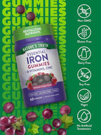 Nature's Truth Iron Gummies | 60 Count | Vegan, Non-GMO & Gluten Free Supplement | with Zinc & B Vitamins | Grape Flavor