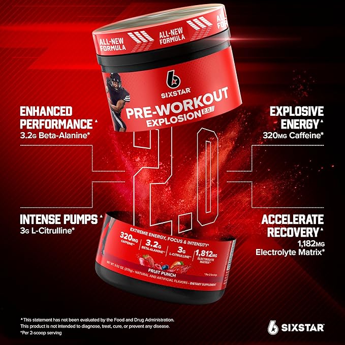 Six Star Pre-Workout Powder for Men & Women, Fruit Punch (30 Servings) - Preworkout Explosion 2.0 Energy Powder Drink Mix with Beta-Alanine & Caffeine - Sports Nutrition Supplement Products