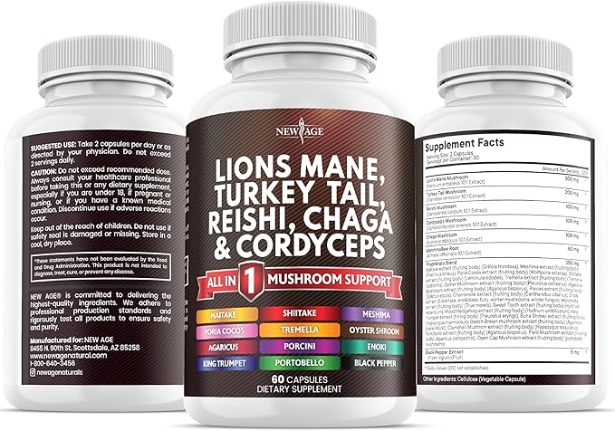 NEW AGE Lions Mane Mushroom Supplement with Turkey Tail Reishi Cordyceps Chaga with Marshmallow Root - 120 Count