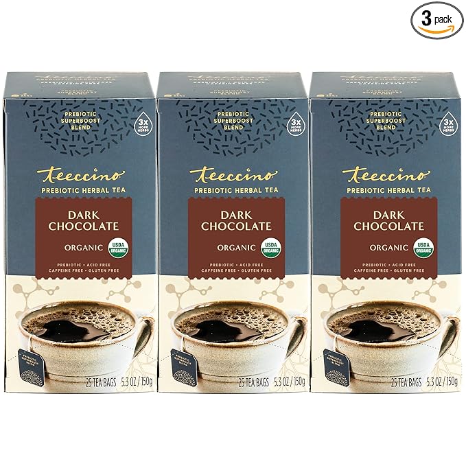 Teeccino Dark Chocolate - Prebiotic SuperBoost™ Herbal Tea - 25 Tea Bags - Support Your Probiotics with Vegan GOS & Organic XOS For Good Gut Health and Regularity, Digestive Chocolate Tea, (Pack of 3)