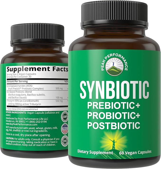 Synbiotic = Prebiotic + Probiotic + Postbiotic 3-in-1 Supplement with Clinically Tested Ingredients - Pre and Probiotics Plus Important Tributyrin Postbiotics for Gut - Vegan Capsules for Women + Men