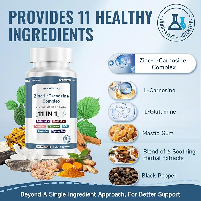 Zinc L Carnosine Complex 85mg, 11-in-1 Digestive & Gut Health Support, with Soothing Blend, L-Glutamine & Mastic Gum, 200 Capsules, Non-GMO, Vegan