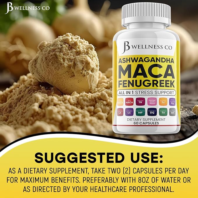 Ashwagandha Maca Root Fenugreek Supplement with Tongkat Ali Ginseng - Assists with Mood & Thyroid Health - Made in USA - 120 Count