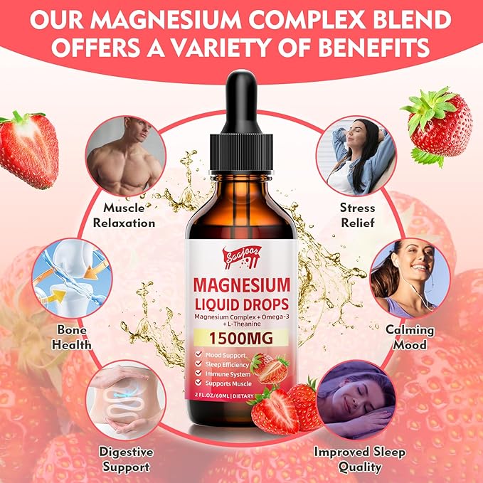 Magnesium Glycinate Liquid Drops, 1500mg Magnesium Liquid Supplement with Vitamin B6, D3, L - Theanine, Omega3,Support Night, Muscle, Bone, Mood, Strawberry Flavor - 2 Fl Oz (60ml) Bottle