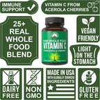 Peak Performance Raw Whole Food Natural Vitamin C Capsules from Acerola Cherry for Max Absorption. Vegan USA Sourced Vitamin C Supplement 90 Pills. 500 mg Serving or 2 Servings 1000mg