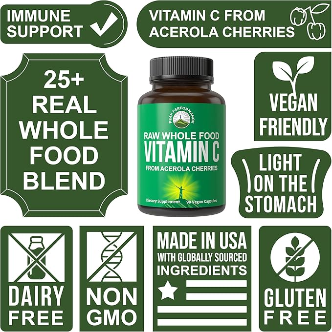 Peak Performance Raw Whole Food Natural Vitamin C Capsules from Acerola Cherry for Max Absorption. Vegan USA Sourced Vitamin C Supplement 90 Pills. 500 mg Serving or 2 Servings 1000mg
