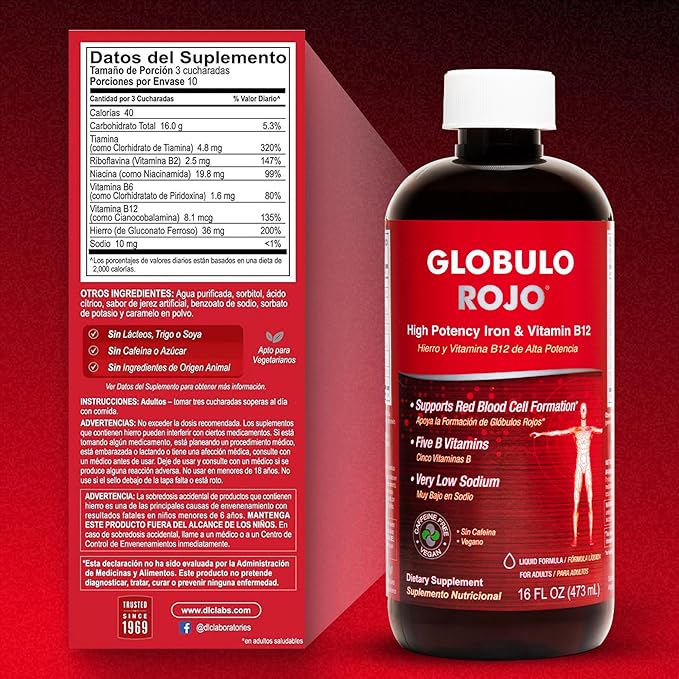 Globulo Rojo Iron Supplement - Liquid Dietary Supplement with High Potency Iron & B Vitamins (Vegan) (16 Fl Oz (Pack of 1))
