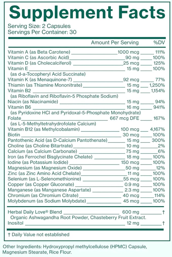 Love Wellness Daily Love Multivitamin for Women | Supports Energy, Cortisol, Immune Health, Stress Relief, & PMS | Complete with Vitamin D, C, Iron, Calcium, Zinc, & Biotin, Magnesium | 60 Count