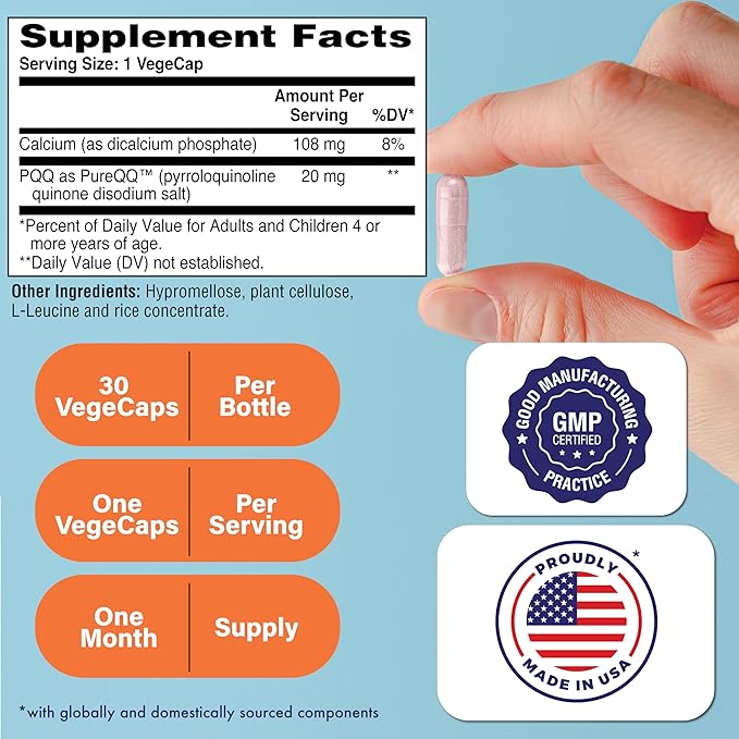Health Thru Nutrition PQQ 20mg 30 Servings Pyrroloquinoline Quinone as PureQQ | Promotes Mitochondrial Biogenesis | Certified Vegan | Non-GMO Gluten Soy Free Capsules| Clean Label PQQ Supplement