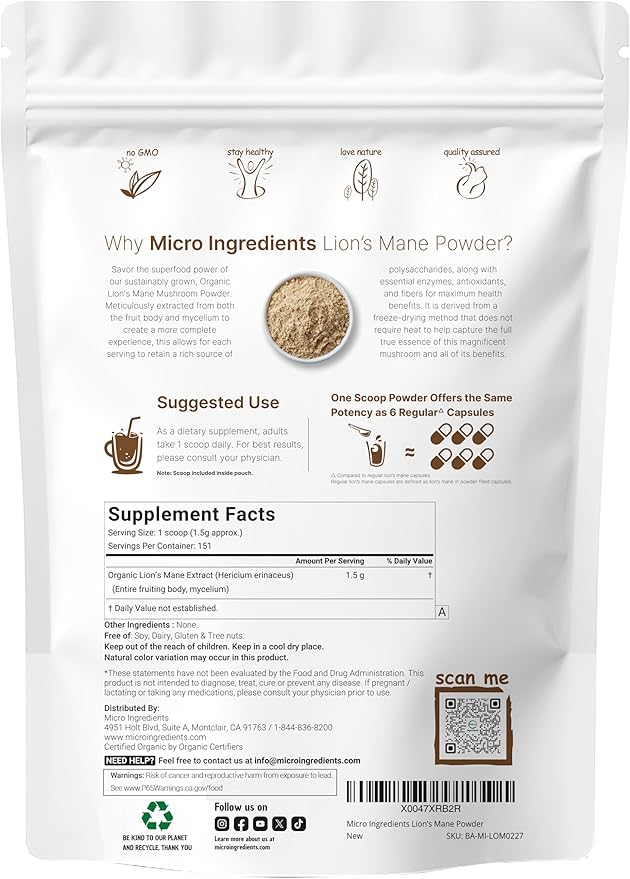 Micro Ingredients Organic Lion’s Mane Mushroom Powder, 8oz | Pure Fruiting Body Superfood | Supports Brain, Focus, Energy & Immune Health | Great for Smoothies & Coffee | Filler Free, Vegan, Non-GMO