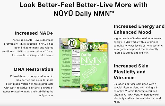 NUYU Labs Daily NMN Longevity Drink, All-in-One Anti-Aging Supplement with Pterostilbene, TMG, Calcium AKG, Collagen Peptides, B Complex, Vitamins B, C, D3, K2-MK7 (Lemon-Lime)