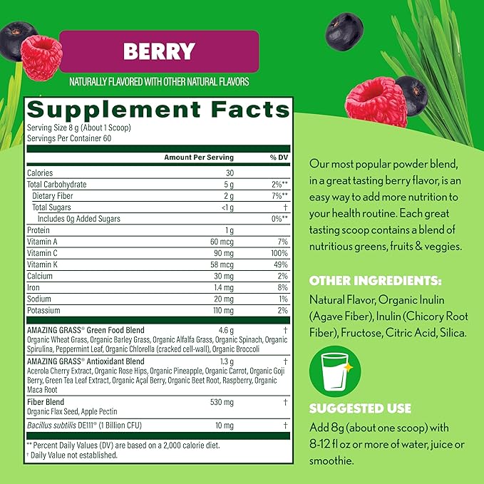 Amazing Grass Greens Blend Superfood: Super Greens Powder Smoothie Mix with Spirulina, Chlorella, Beet Root Powder, Digestive Enzymes & Probiotics, Berry, 60 Servings (Packaging May Vary)