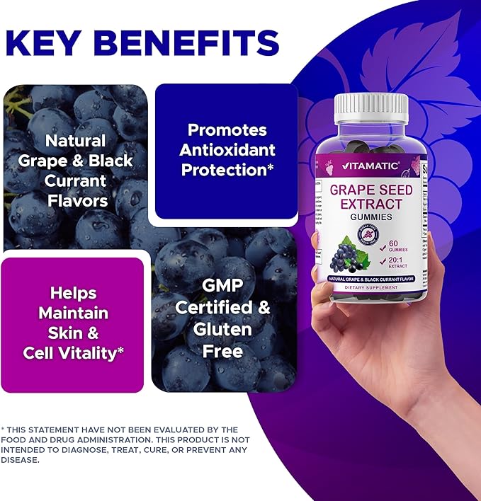 Vitamatic Grape Seed Extract Gummies – Plant-Based Botanical Extract – Natural Grape & Black Currant Flavor – Vegan, Non-GMO – Herbal Supplement – 60 Gummies - 2 Pack
