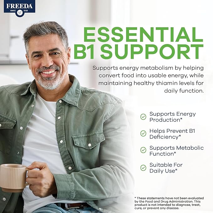 Freeda Vitamin B1 Thiamine 100mg - Supports Energy Metabolism, Nervous System Health - Kosher, Vegan, Gluten Free - Thiamin HCl 100 mg Vitamin B 1 - Pure Vit B1 Vitamin Thiamine B1 Supplement (100 Ct)