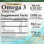 Omega 3 Fish Oil Supplements - 2400mg Fish Oil Per Serving - Triple Strength Omega-3 with EPA & DHA Fatty Acids - Natural Heart, Brain & Immune Support - Wild Caught, Bottled in USA - 120 Softgels