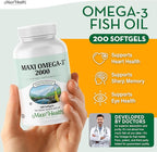 Omega 3 Supplement - Omega-3 Fish Oil 2000mg - Natural Source of EPA & DHA - Heart, Brain & Joint Health - Kosher Certified Wild Caught Marine Fish - 200 Vegetarian Softgels by Maxi Health