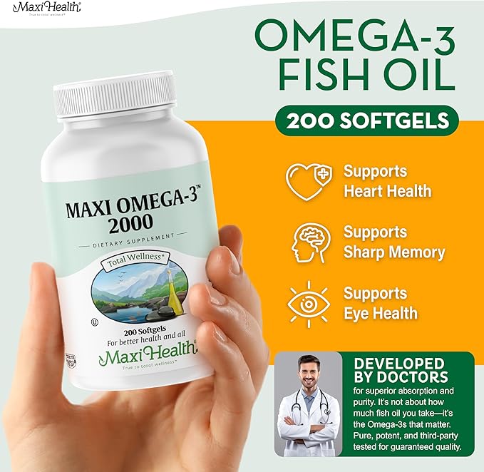 Omega 3 Supplement - Omega-3 Fish Oil 2000mg - Natural Source of EPA & DHA - Heart, Brain & Joint Health - Kosher Certified Wild Caught Marine Fish - 200 Vegetarian Softgels by Maxi Health