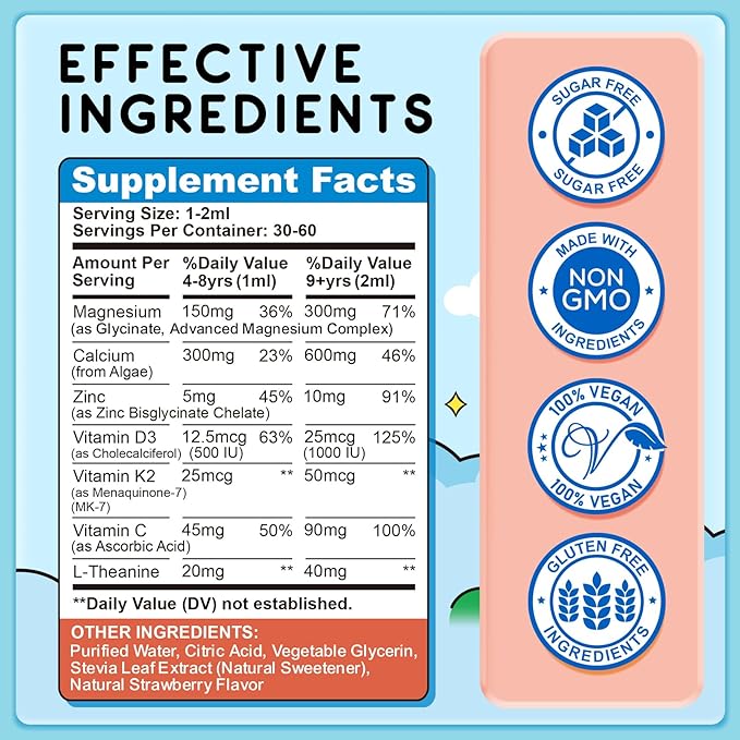 Magnesium for Kids, Kids Magnesium Glycinate Liquid Drops with Calcium, Zinc, L-Theanine, Vitamin D3 K2, C for Sleep, Relaxation, Calm, Focus, Brain,Mood, Bones & Muscles - Strawberry Flavor 2 Pack