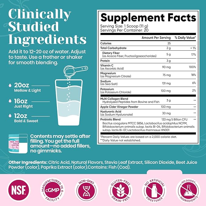 6-in-1 Daily Fiber Powder Supplement, Premium Acacia Fiber for Digestive & Gut Health, Sugar Free, GLP-1 Friendly Fiber Powder with Prebiotic, Probiotics, Collagen Peptides & Electrolytes - For Women