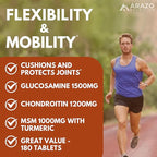 Arazo Nutrition Glucosamine Chondroitin Turmeric Msm Boswellia - Joint Support Supplement for Relief 180 Tablets for Bones, Back, Knees, Hands (180 Tablets)