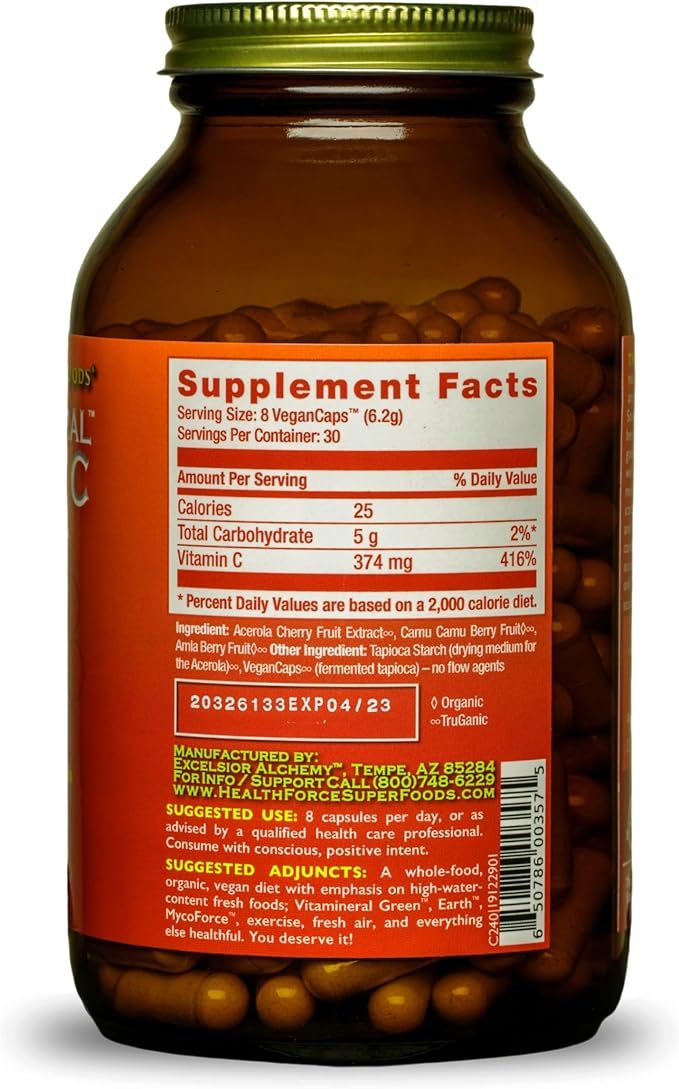 HEALTHFORCE SUPERFOODS Truly Natural Vitamin C - Immune Support Supplement with Camu Camu Berry - Vitamin C Supplement for Immune Health - Vegan, Non-GMO - 240 Vegan Caps, 30 Servings